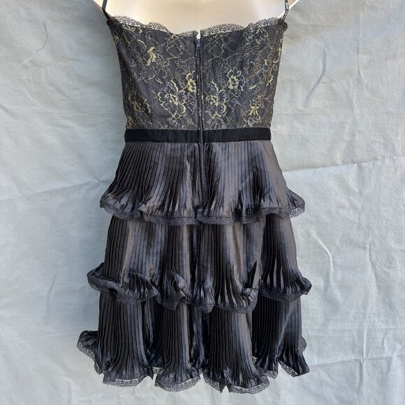 Betsey Johnson Evening Sz 6 Black Pleated Gold Lace Strapless Mini Dress Corset - Picture 2 of 6